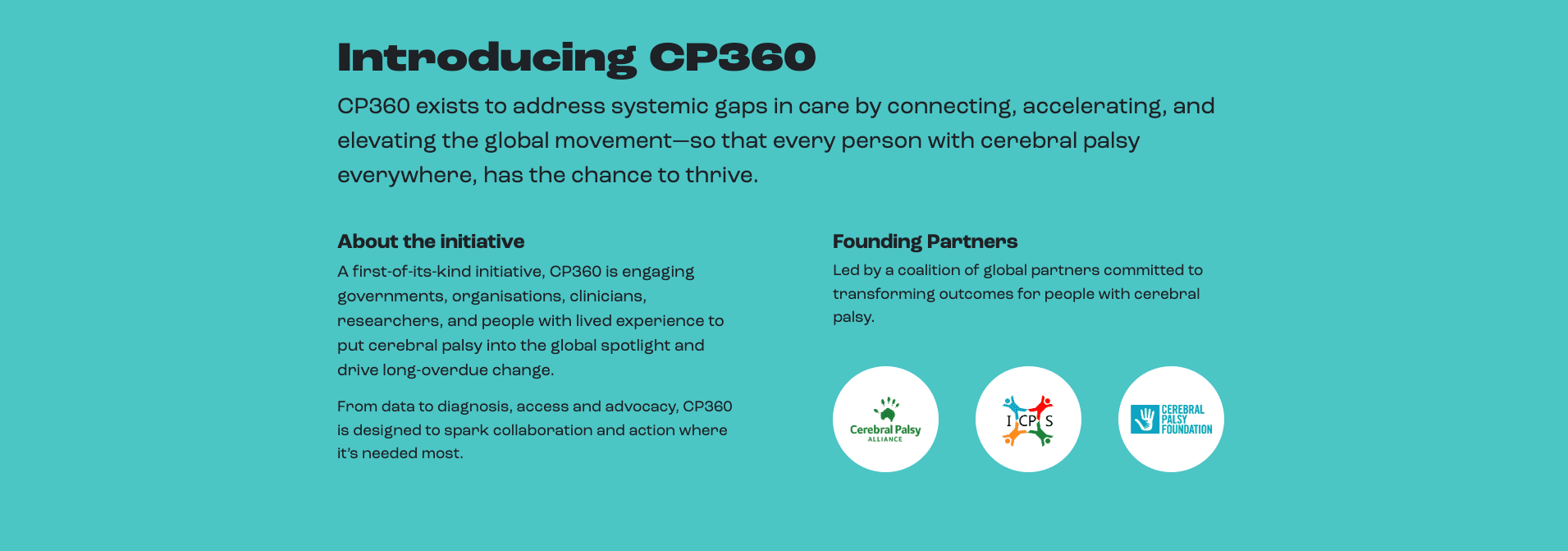 a block of text introducing CP360, a global coalition of organizations dedicated to improving health outcomes for people with cerebral palsy around the world